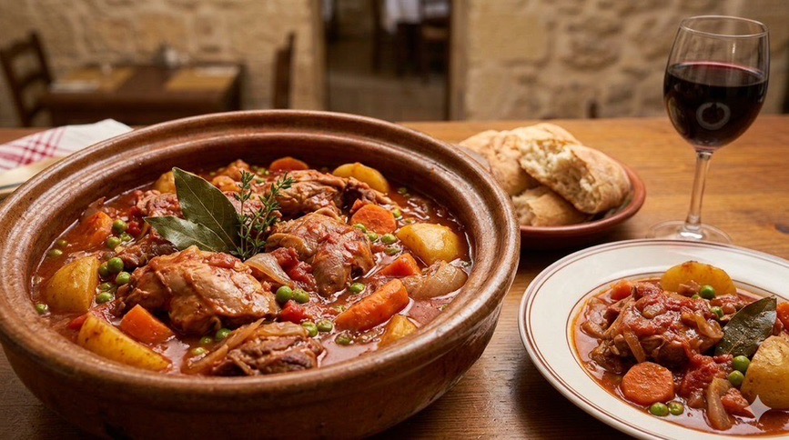 マルタ伝統のウサギ料理（フェネック）。赤ワインとトマトでじっくり煮込んだ名物グルメ